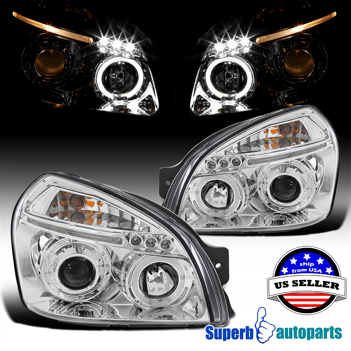 For 2005 2009 Tucson Halo Led Projector Headlights Black Specd Tuning