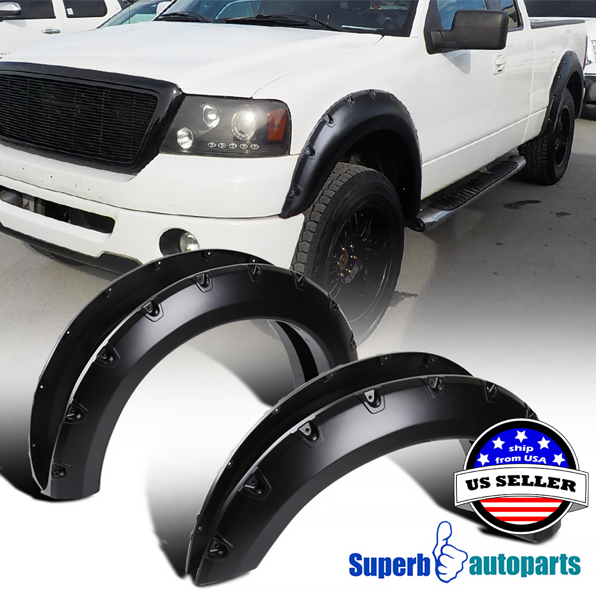 04-08 Ford F-150 Styleside 4PC Smooth BLACK Paintable Pocket Rivet Style FLARE