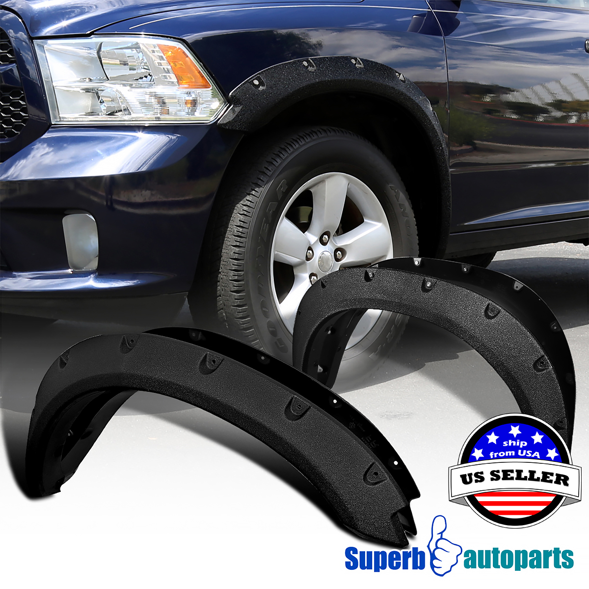 09-17 Dodge Ram 1500 Pocket Rivet Style Fender Flares Wheel Cover Tough Finish