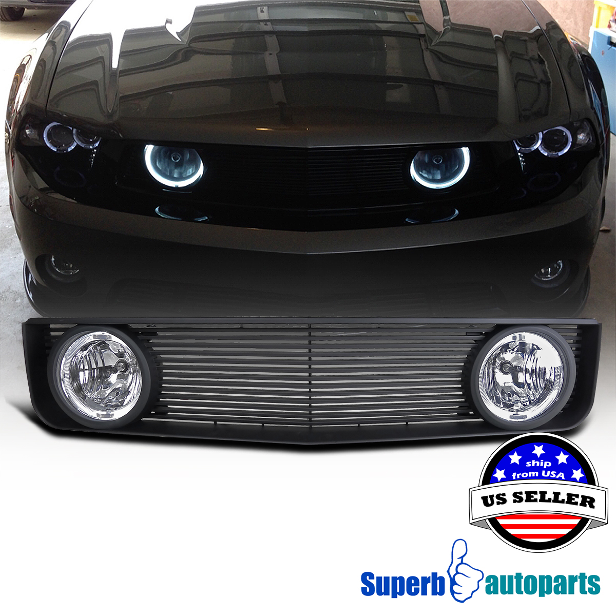 For 2005-2009 Ford Mustang V6 Matte Black Hood Grille w/ Halo Bumper