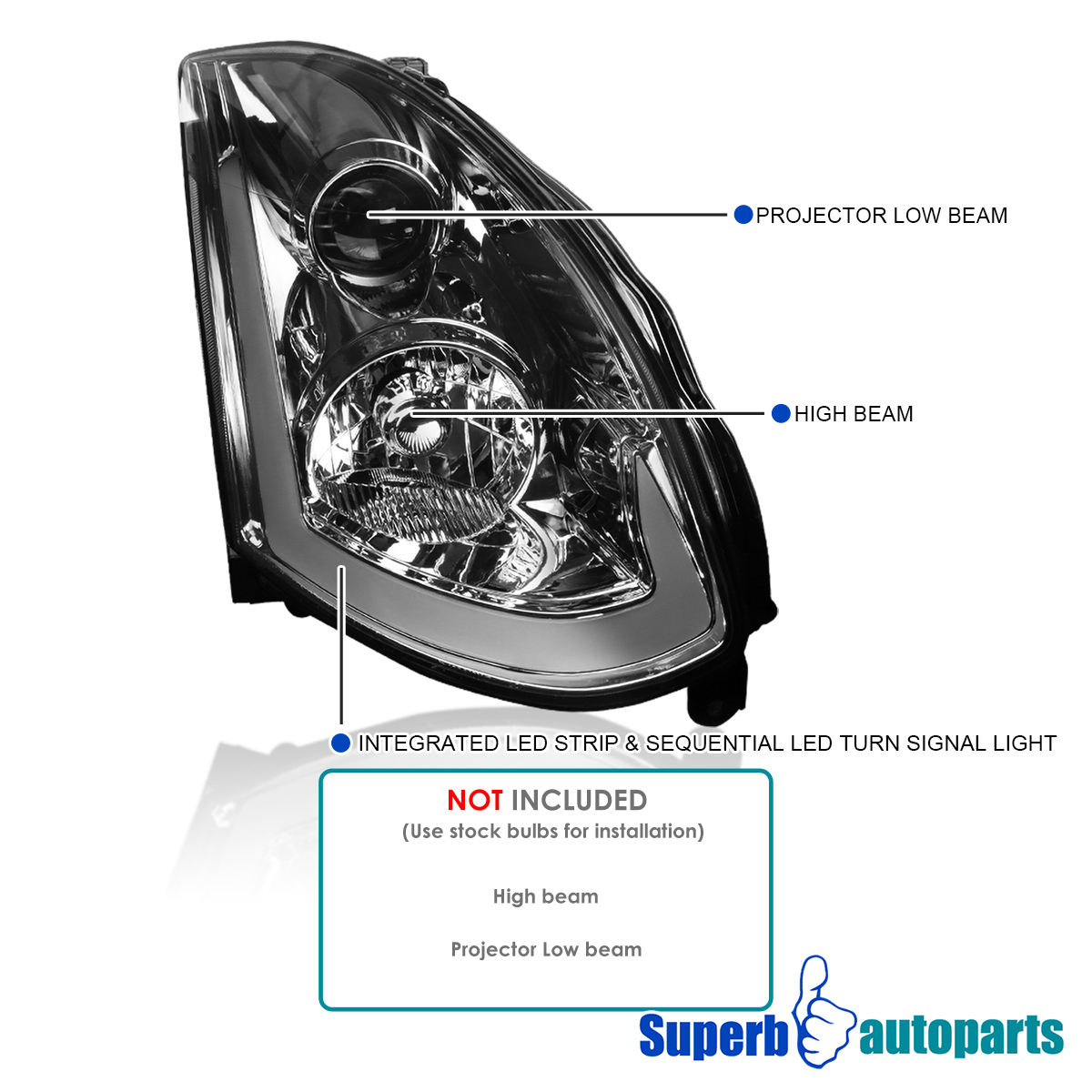 thumbnail image 2 of Superbautoparts Sequential LED Projector Headlights – Smoked Lens, Chrome Housing – For 2003-2007 Infiniti G35 Coupe – 90-Day Warranty 2 of 5