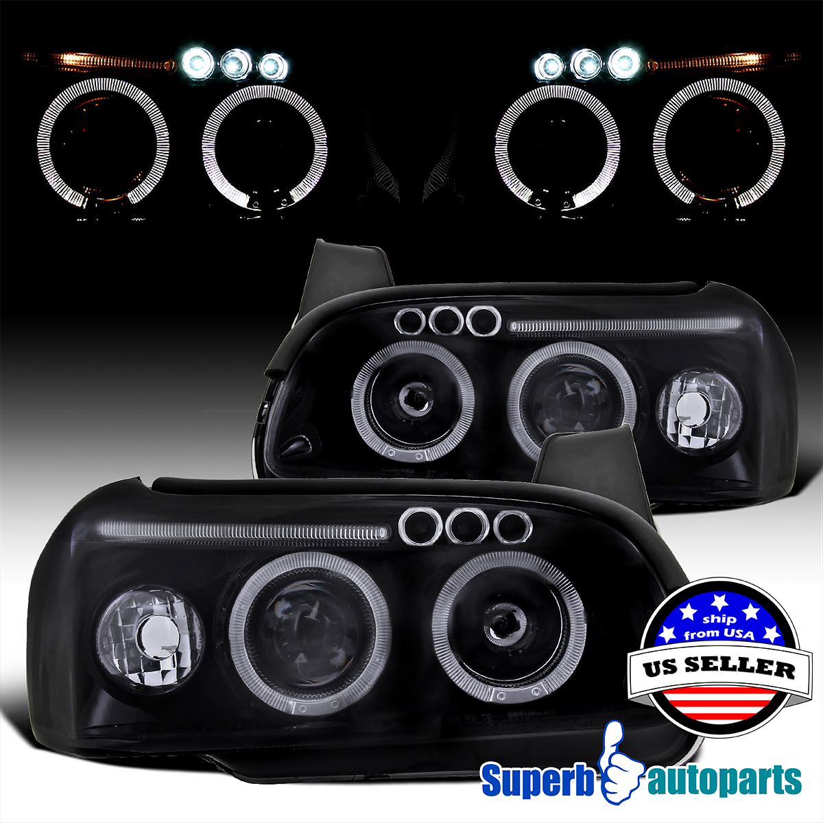 Dual Halo Projector Headlights Black Pair w// LED For 2000-2001 Nissan Maxima