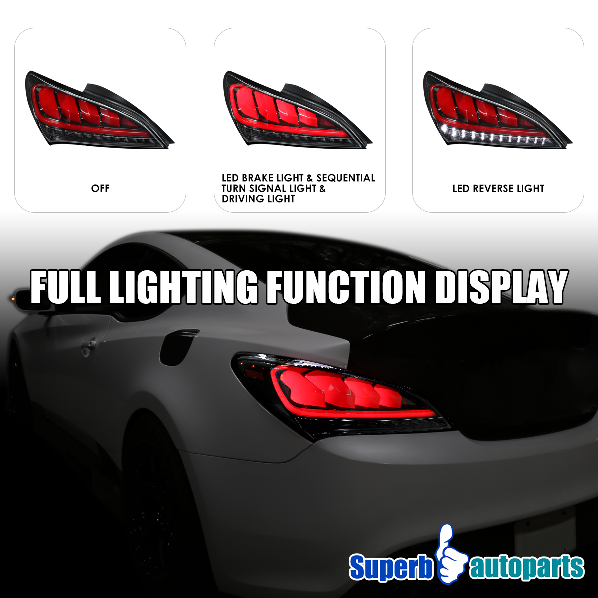 Fits 2010-2016 Hyundai Genesis Coupe Shiny Black Sequential LED Tail Lights Pair - Picture 7 of 13