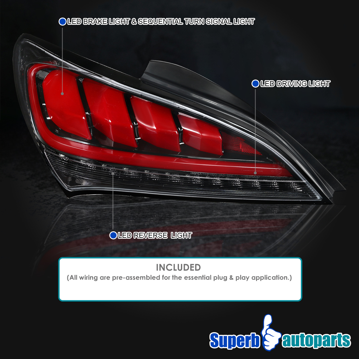 Fits 2010-2016 Hyundai Genesis Coupe Shiny Black Sequential LED Tail Lights Pair - Picture 10 of 13