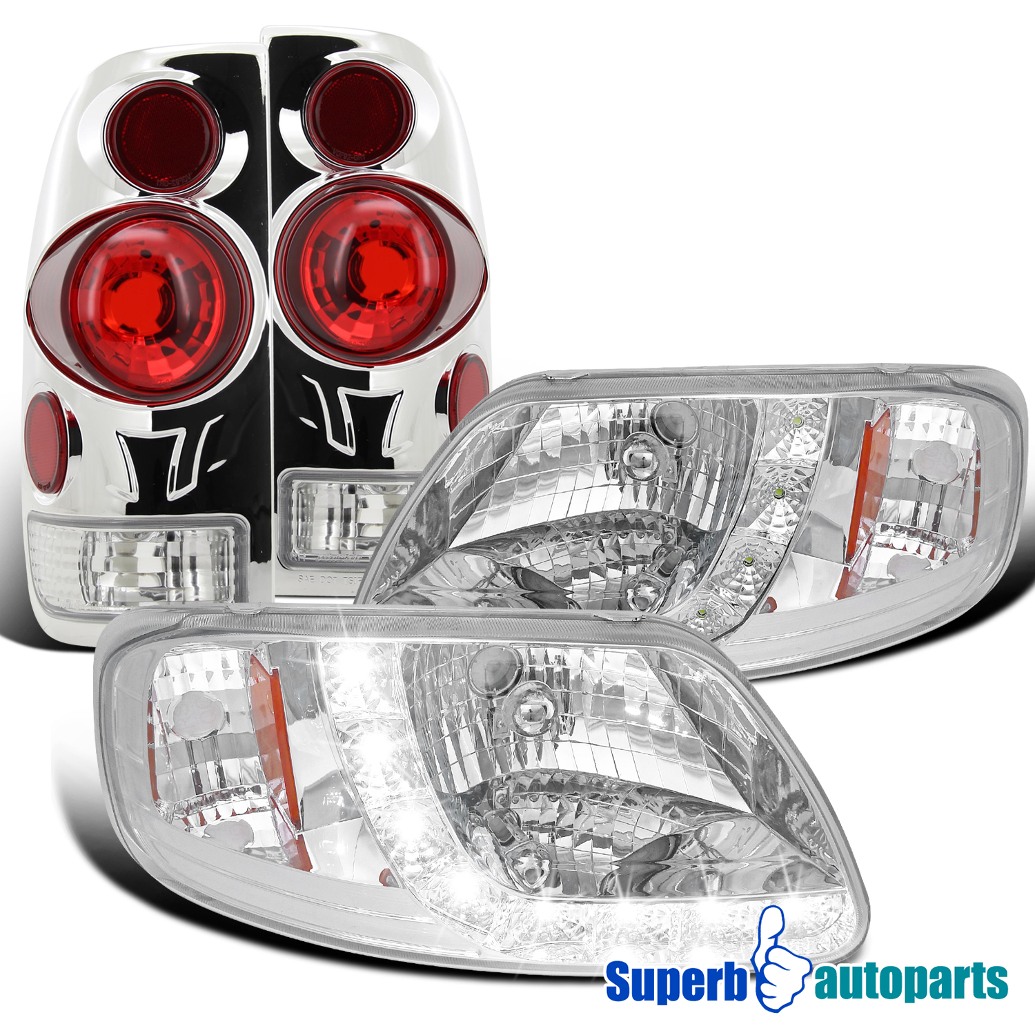 97-04 Ford F150 Pick Up Black SMD LED Stripe Headlight+Rear Tail Lamp