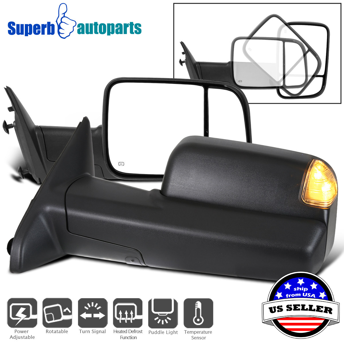 2013-2015 Dodge Ram 1500 2500 Power+Heated Flip Up Towing Mirrors w//LED Puddle