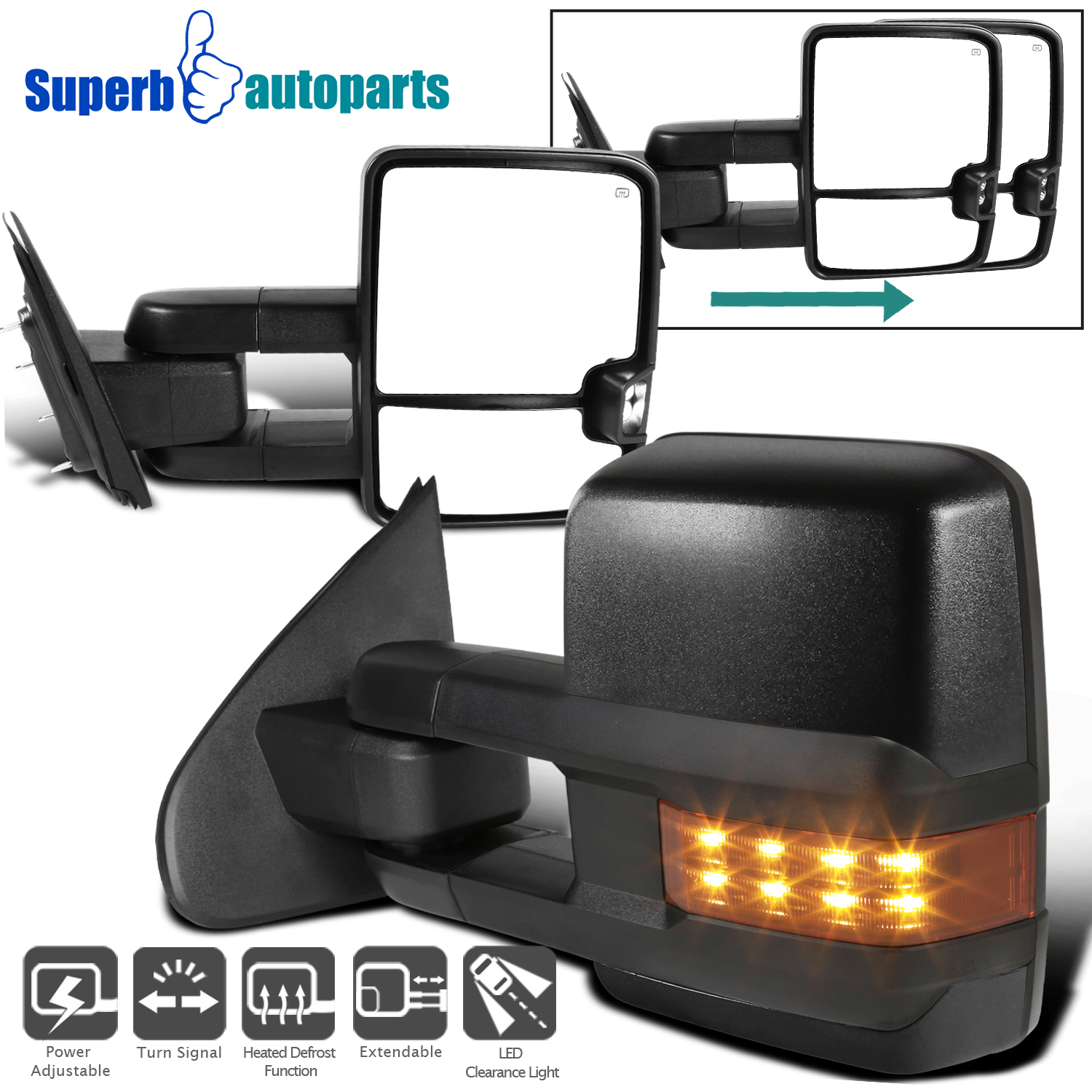 2014-2018 Silverado Sierra POWER+HEAT Extend Tow Mirrors w//LED Signal+Clearance