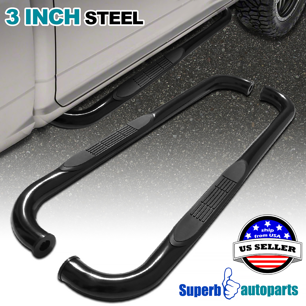 3/'/' Black Side Step Bars Fit 1999-2016 F250//350//450//550 Super Duty Super Cab