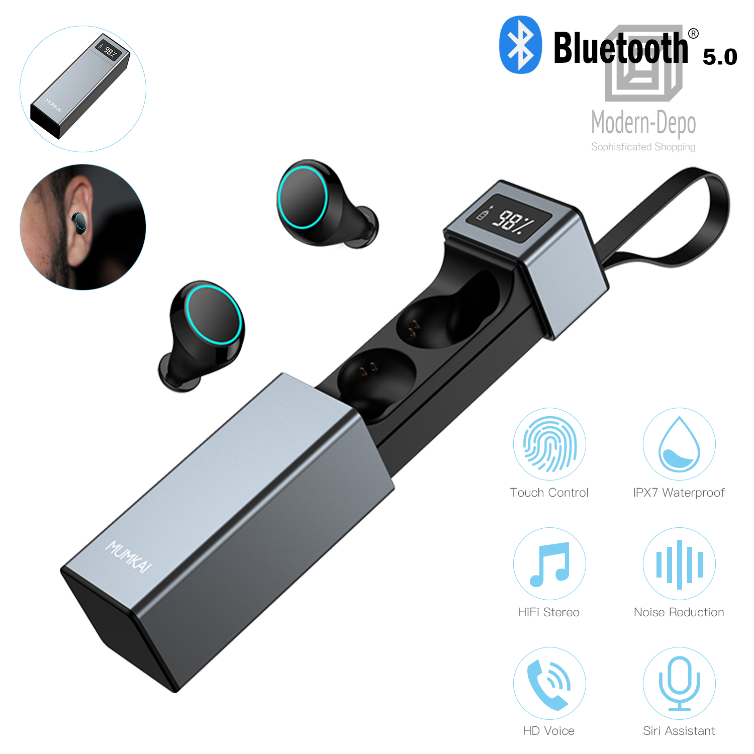 Bluetooth 5.0 TWS True Touch Control Wireless Earbuds with Power Box Waterproof - Picture 15 of 21