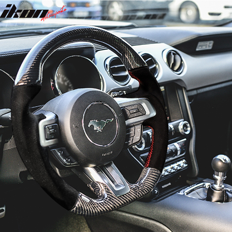 IKON MOTORSPORTS V3 Style Steering Wheel – 15-17 Mustang – Carbon Fiber / Alcantara / Red Ring