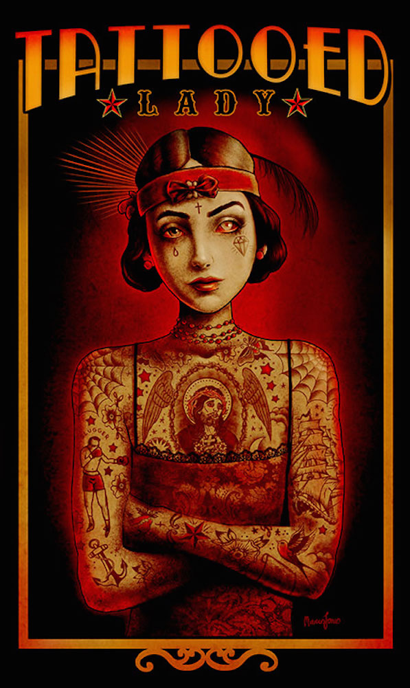 Tattooed Lady Marcus Jones Freakshow Circus Unframed Canvas or Paper Art Print