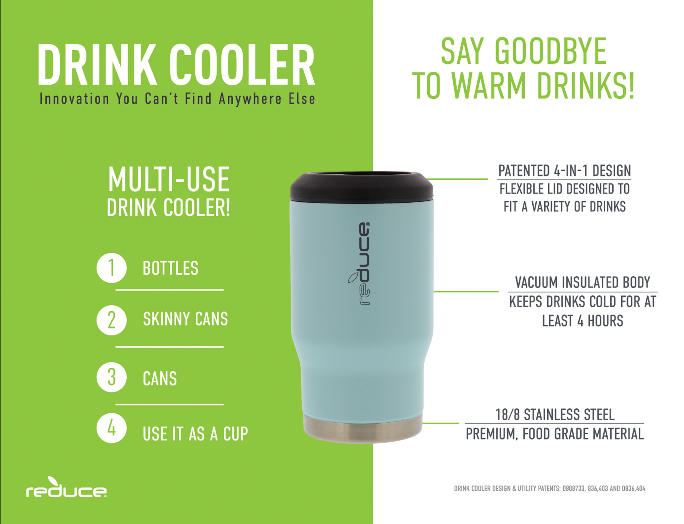 This Drink Cooler Keeps Bottles REDUCE 4-in-1 Stainless Steel Bottle and Can Insulator Gold Perfect for Outdoor Drinking Cans Skinny Cans and Mixed Drinks Ice Cold Sweat-Free