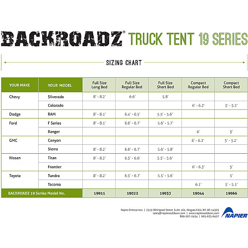 napier truck tent sizes