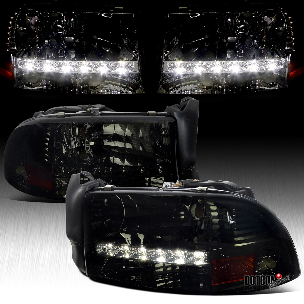 Black 1997-2004 Dodge Dakota Durango LED Strip Headlights Head Lamps Left+Right