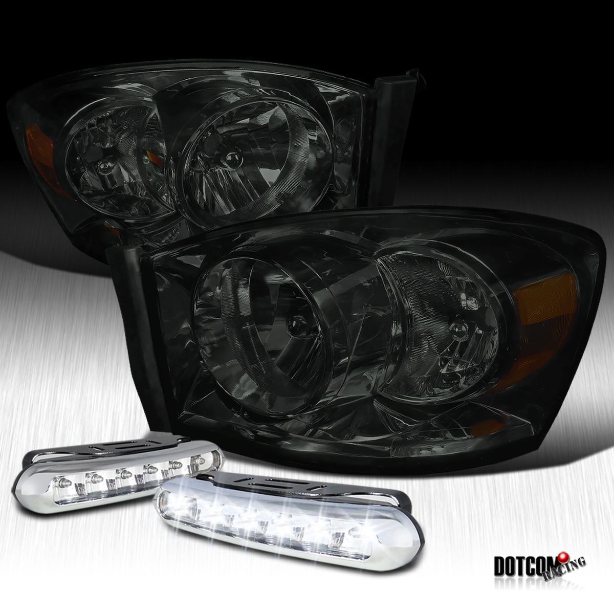 06-08 Dodge Ram Chrome Crystal Headlights w//O Amber Bar+LED Fog Lamps
