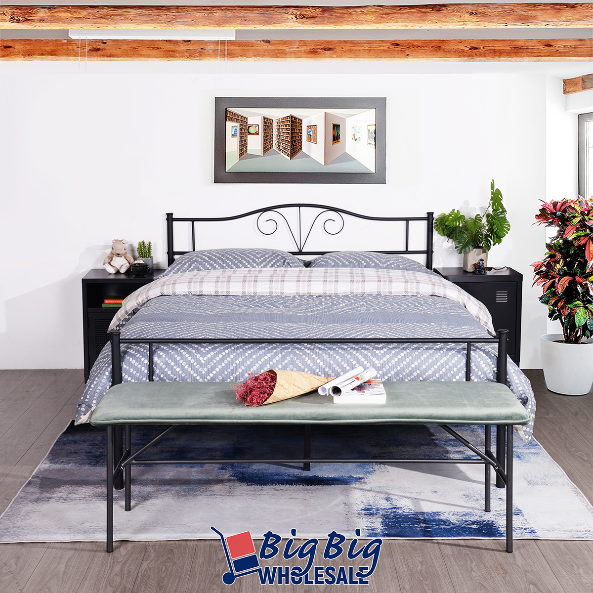 Queen Size Metal Bed Frame Mattress Foundation Vintage Headboard Footboard White