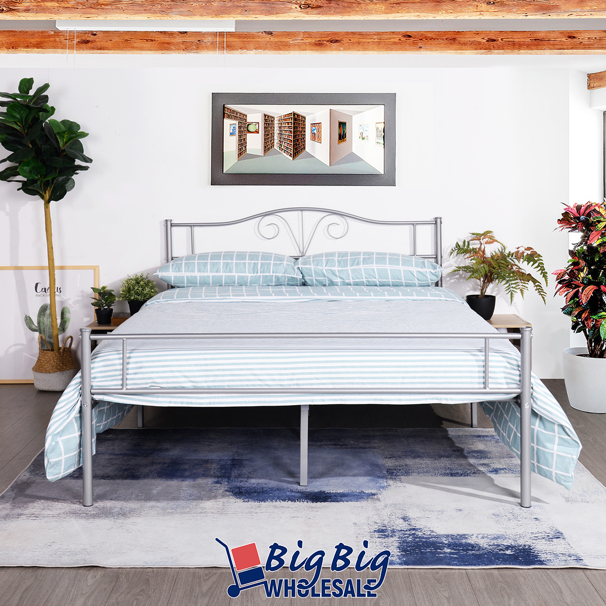 Queen Size Metal Bed Frame Mattress Foundation Vintage Headboard Footboard White