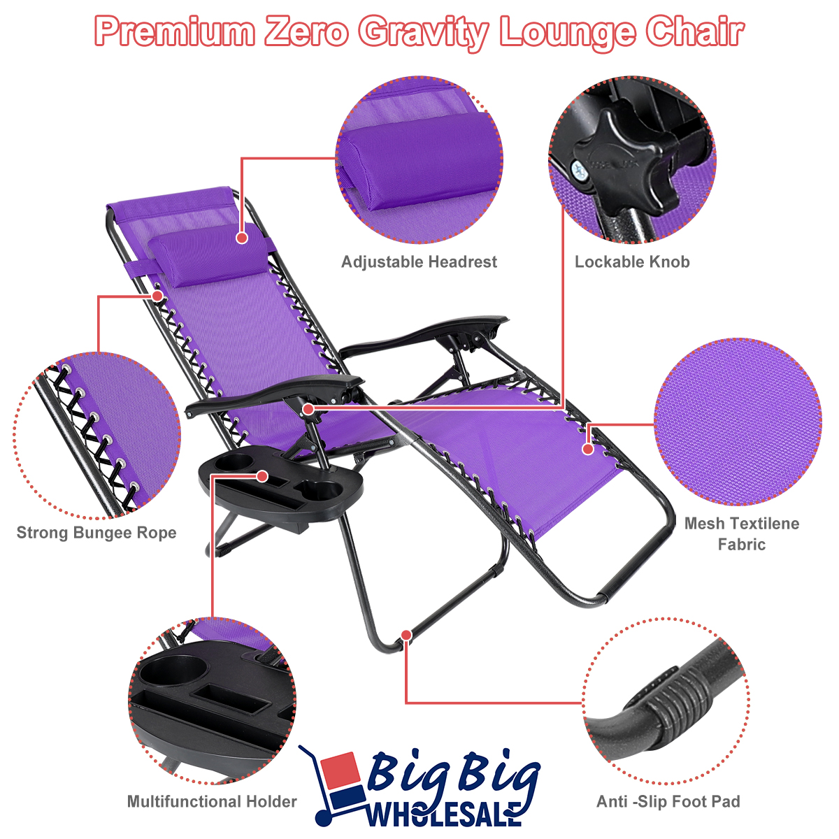 2PC Purple Zero Gravity Chair Folding Outdoor Patio Recliner Mesh