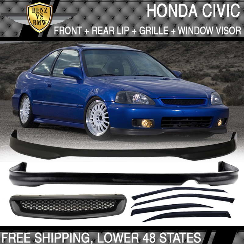 Fits 96-98 Civic 3Dr Mugen Style Front Bumper Lip Grill Sun Window Visor 2PC