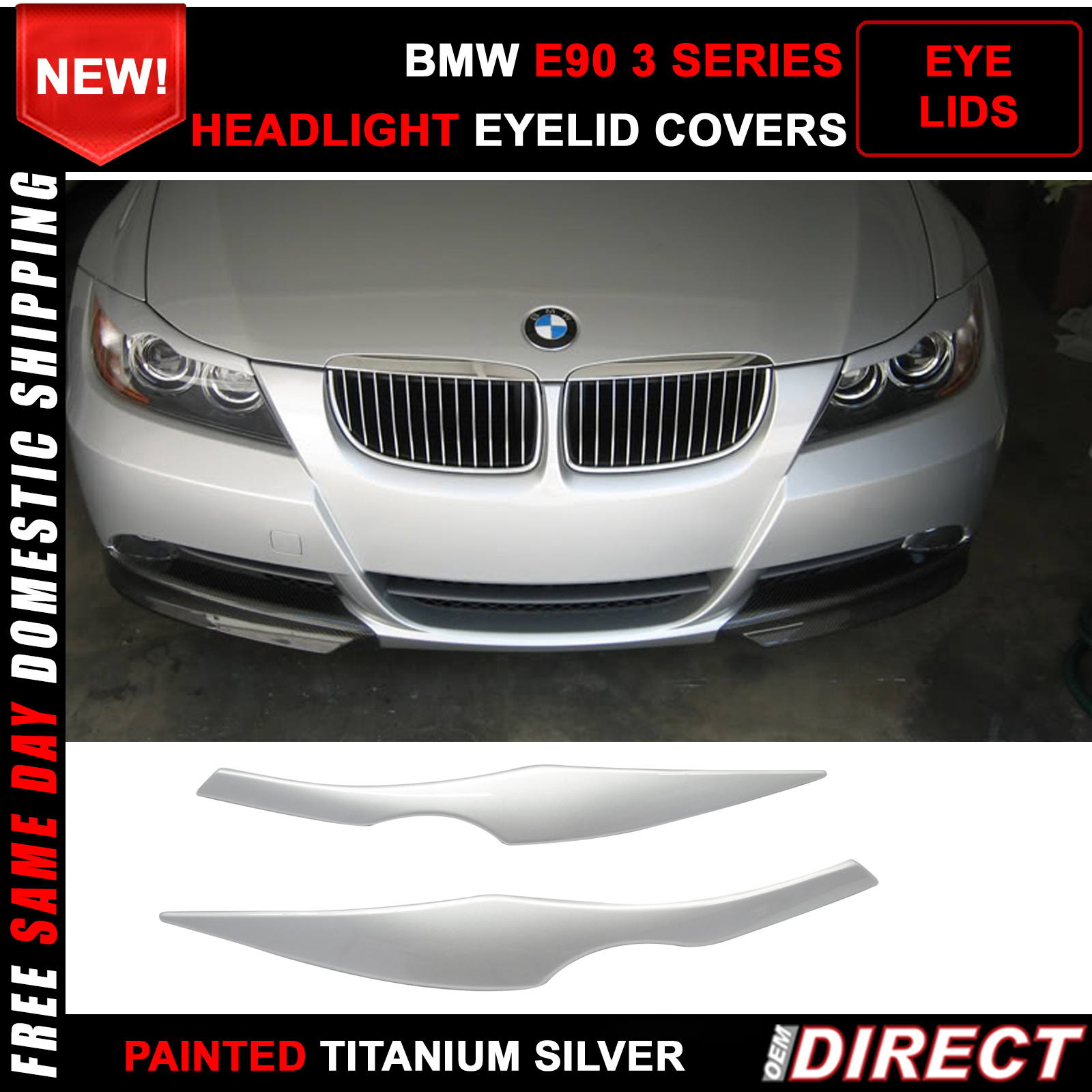 06-11 BMW 3 Series E90 Sapphire Black Headlight Eyebrow Eyelid Cover Painted