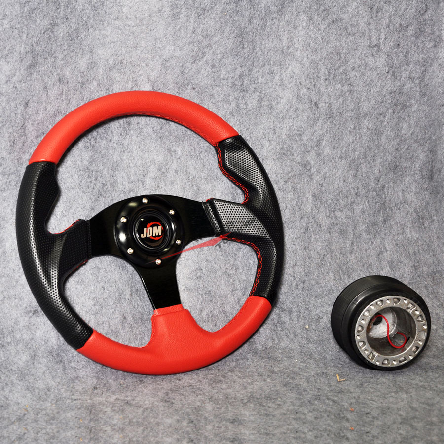 red pvc black caron look 6-hole steering wheel jdm horn   hub