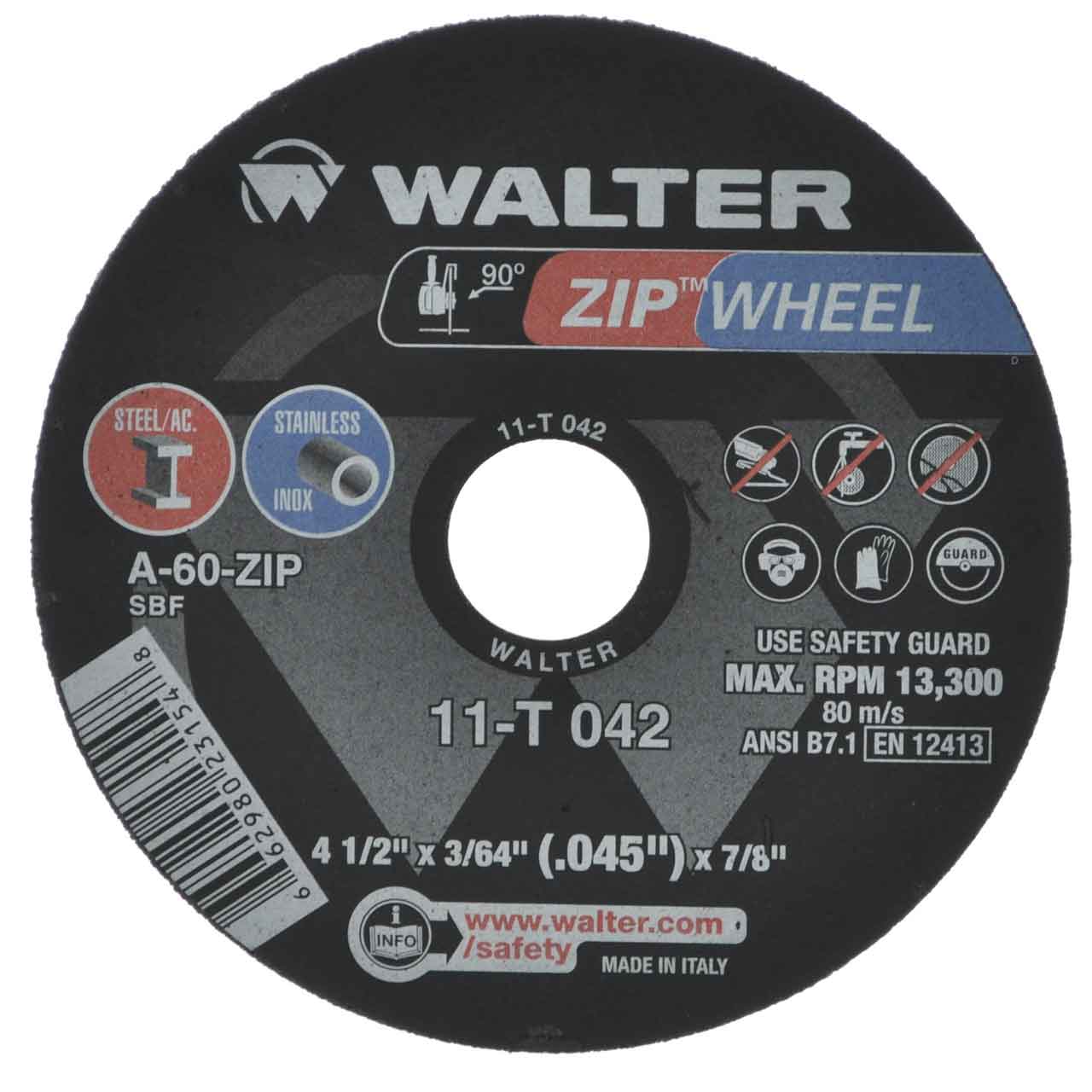 Walter 11T142 41/2x3/64 High Performance Zip Wheels Type 27 A60 Grit PK=25