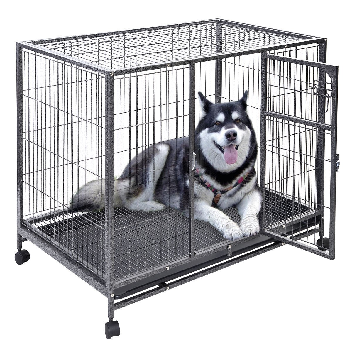 Dog Crate Kennel Pet 43" Heavy Duty Metal Cage Rolling Portable Puppy