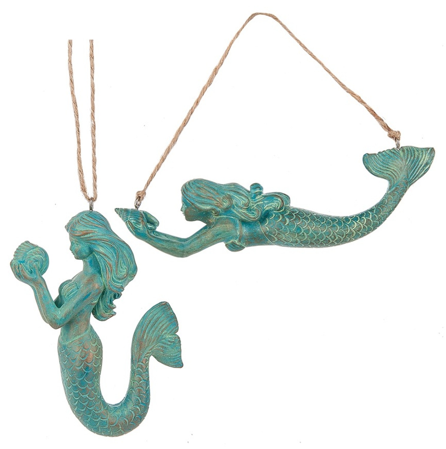 Teal Blue Mermaids Christmas Holiday Ornaments Set of 2 Resin Mary B Decorative Art