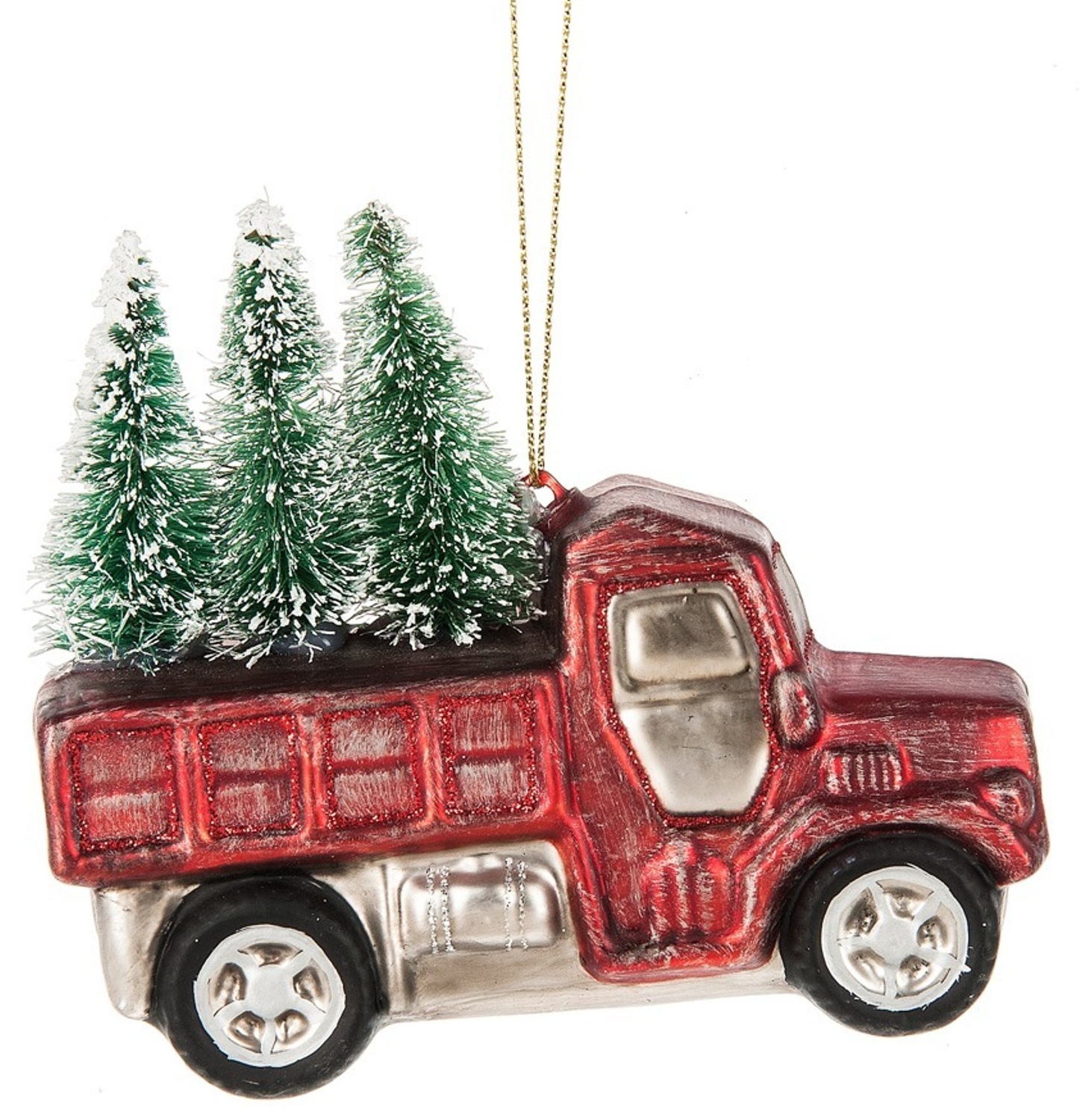 Red Pickup Truck Hauling Snowy Trees Christmas Holiday Ornament Glass