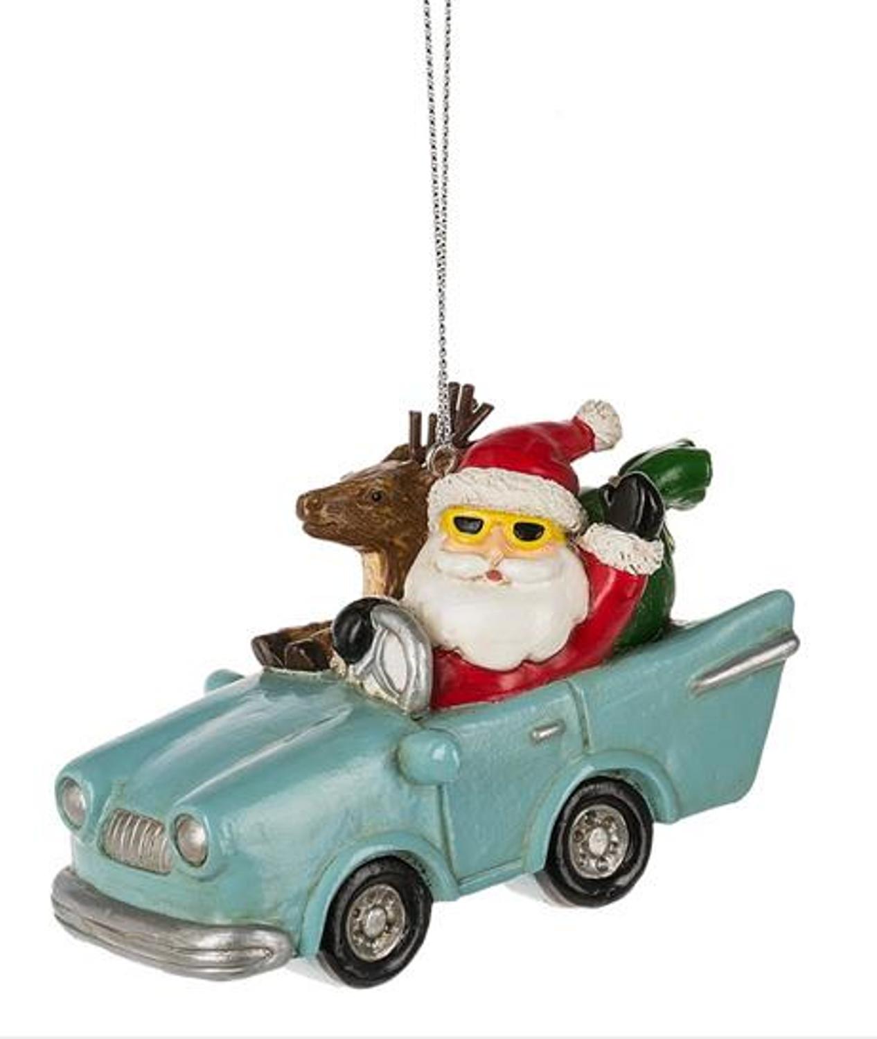 Cool Santa and Reindeer in Classic Car Christmas Holiday Ornament Mary B Decorative Art