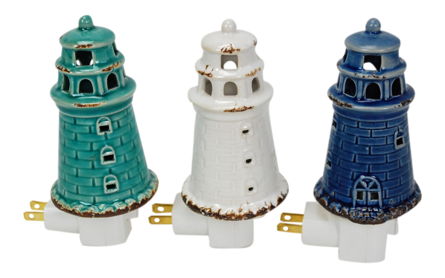 Coastal Lighthouses Night Lights Ceramic Teal White and Navy Set of 3