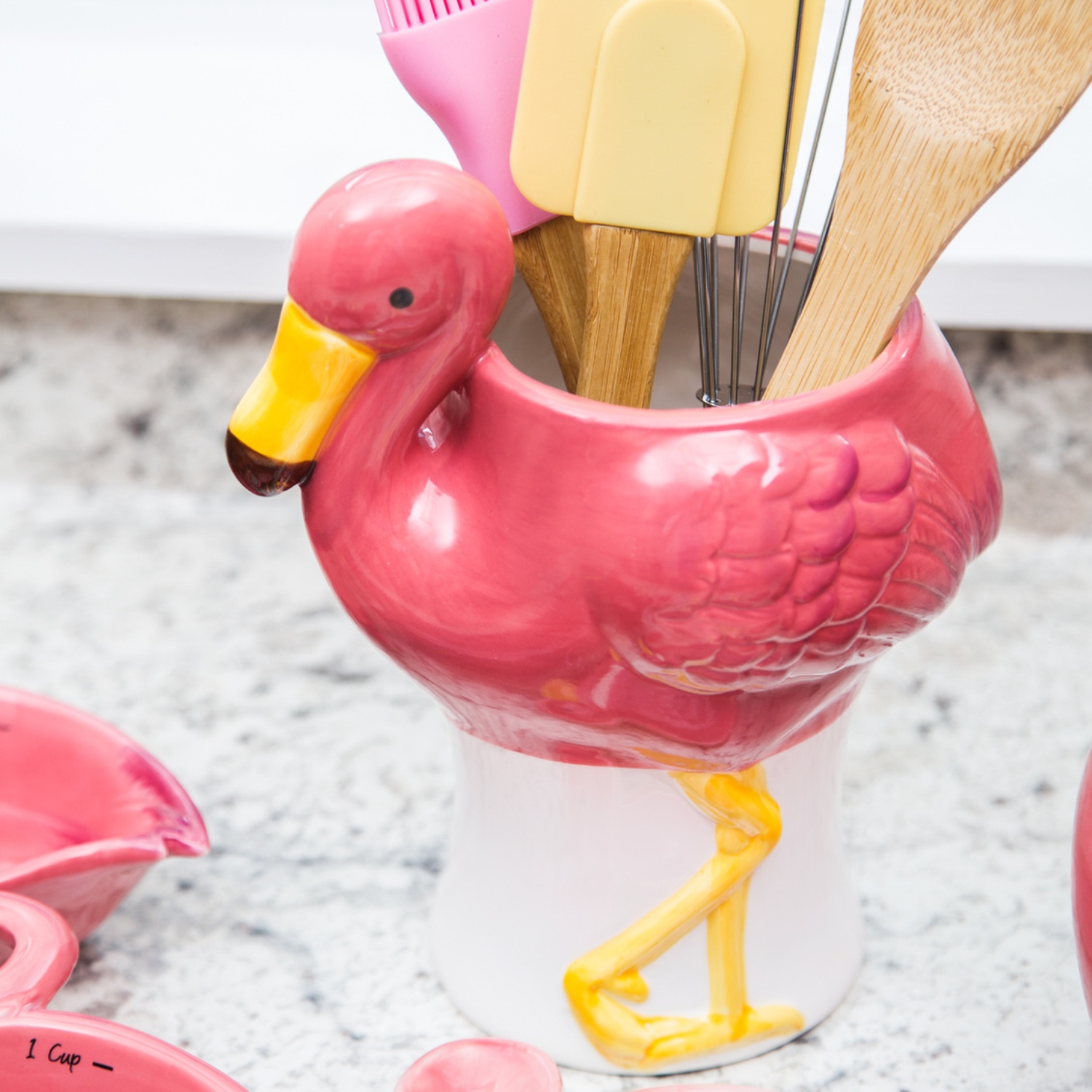 Pretty in Pink Flamingo Utensil Crock Kitchen Counter Decor Ceramic