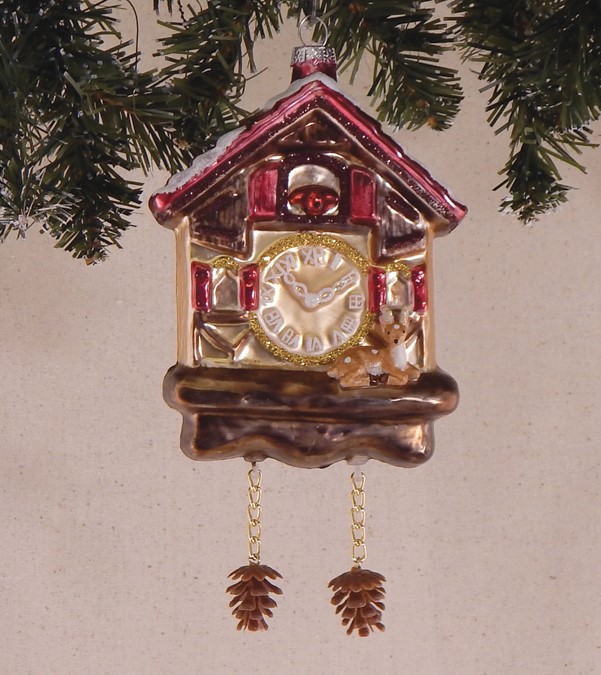 Cuckoo Clock with Pinecone Weights Christmas Holiday Ornament Glass