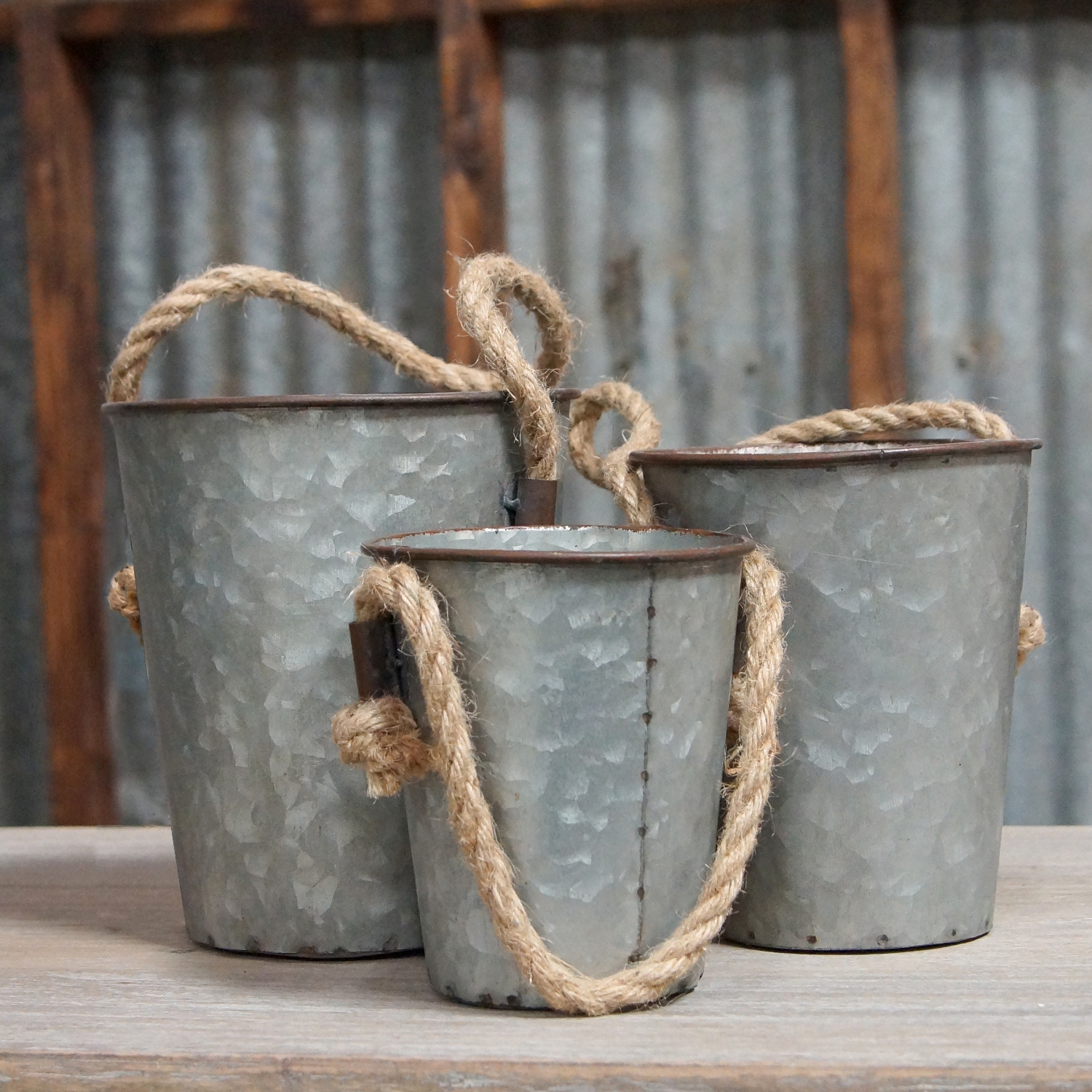 Galvanized Gray Metal Buckets with Rope Handles Set of Three Mary B