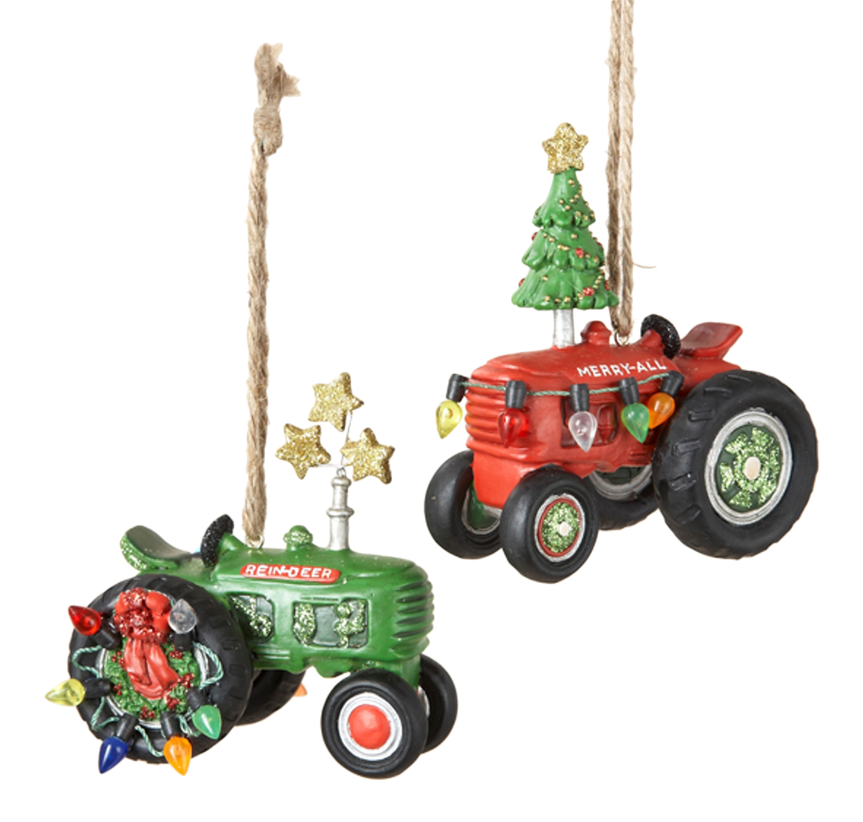 Kurt Adler Red and Green Farm Tractors Holiday Ornaments Set of 2