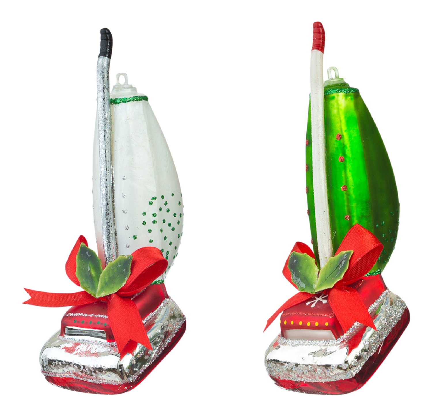 Red and Green Upright Vacuum Cleaners Christmas Holiday Ornaments Set