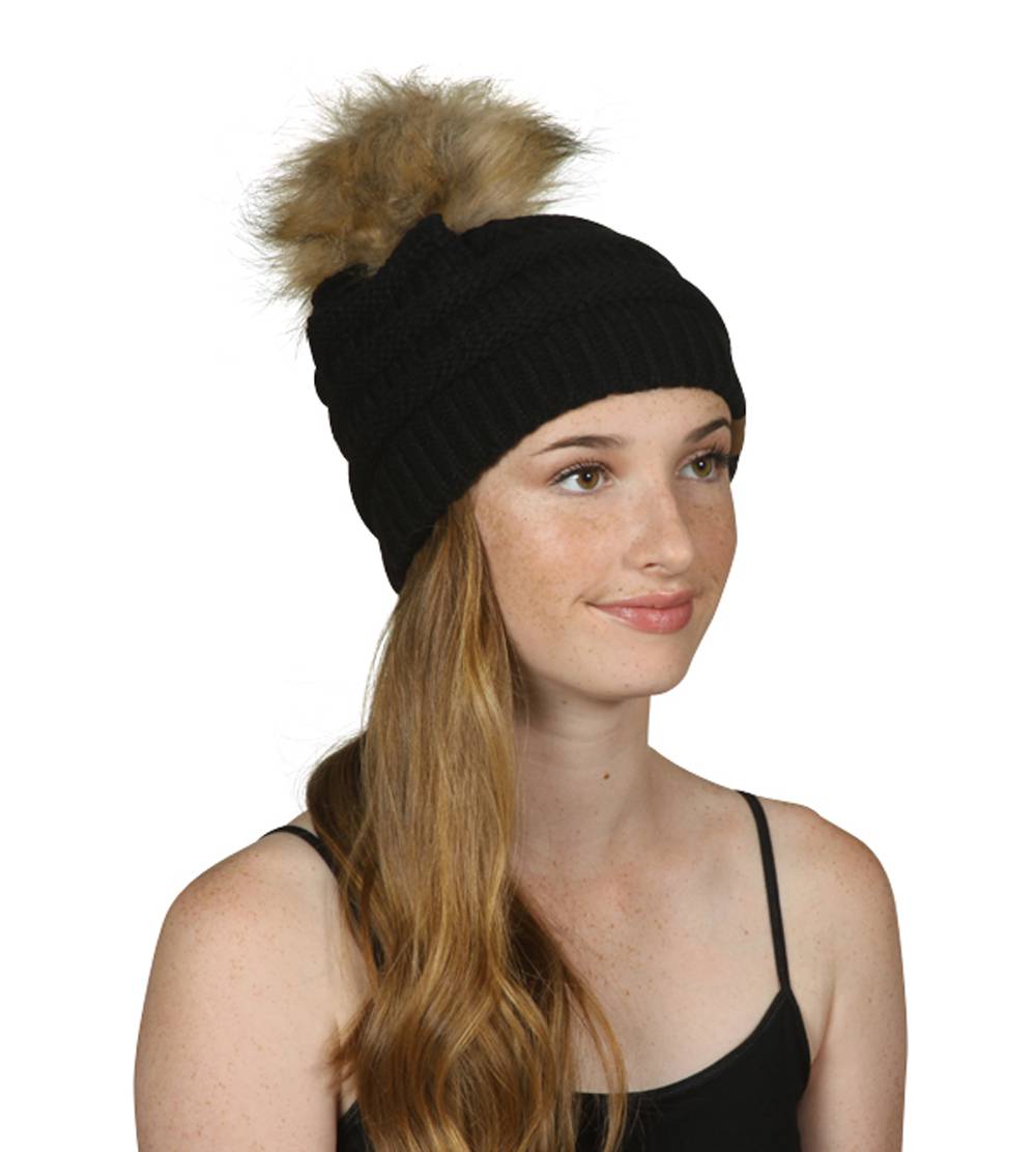 Gravity Threads Cable Knit Faux Fur Pom Pom Beanie Hat