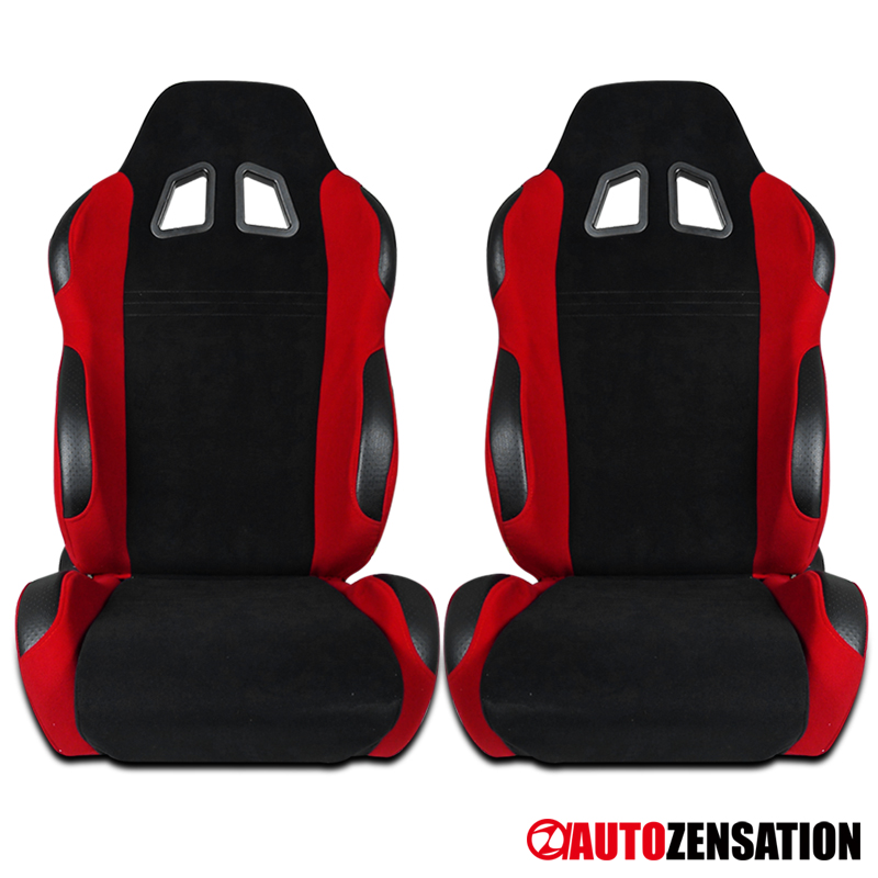 Autozensation Right Passenger Reclining Sport Racing Seat PVC Leather Black//Red Cloth W//Slider