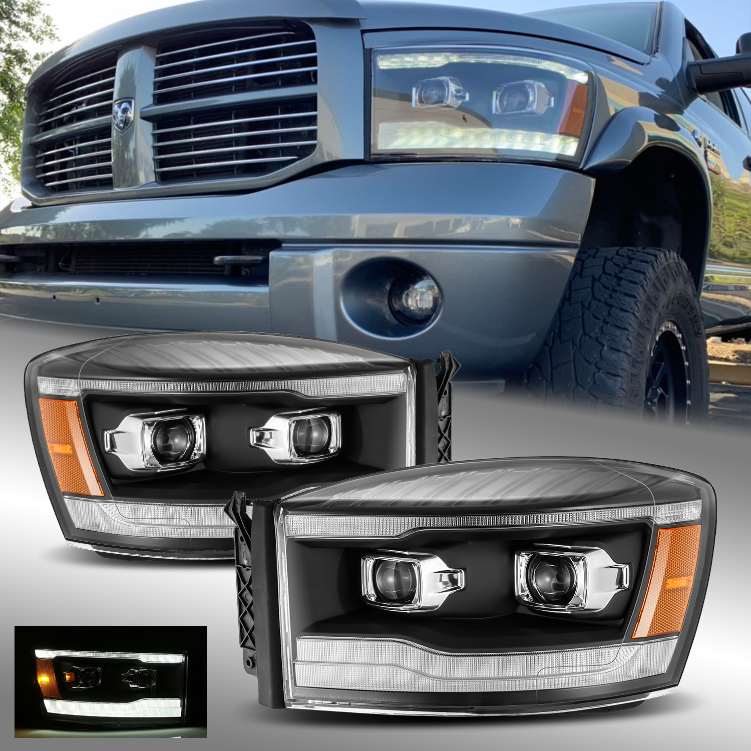 Fit 06-09 Dodge Ram LED DRL Dual Projector Headlights Black Left&Right