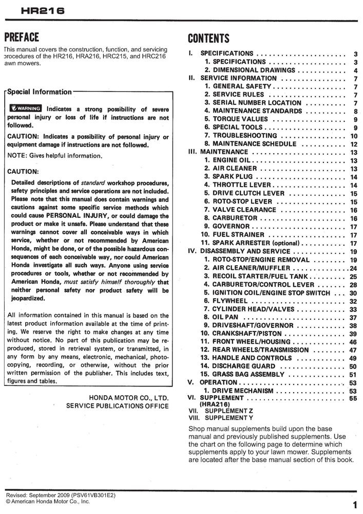 HR216 HRA216 HRC215 HRC216 Lawn Mower Shop Manual Honda Power Products Support Publications