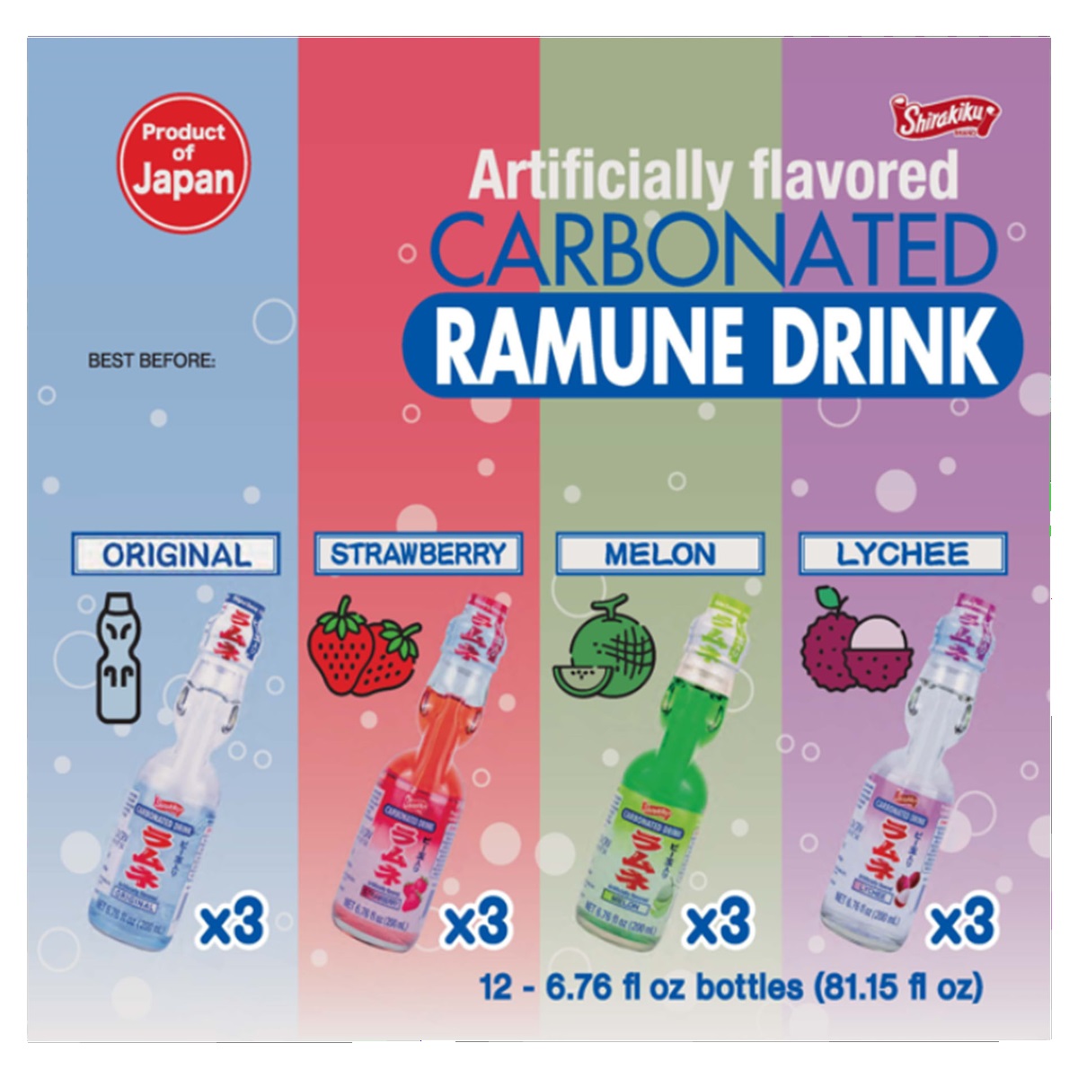 Shirakiku Carbonated Ramune Drink, Variety Pack, 6.76 Fluid Ounce
