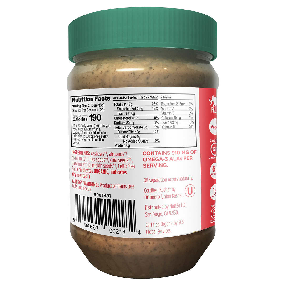 NuttZo, Organic 7 Nut and Seed Butter, Power Fuel Crunchy, 26 oz