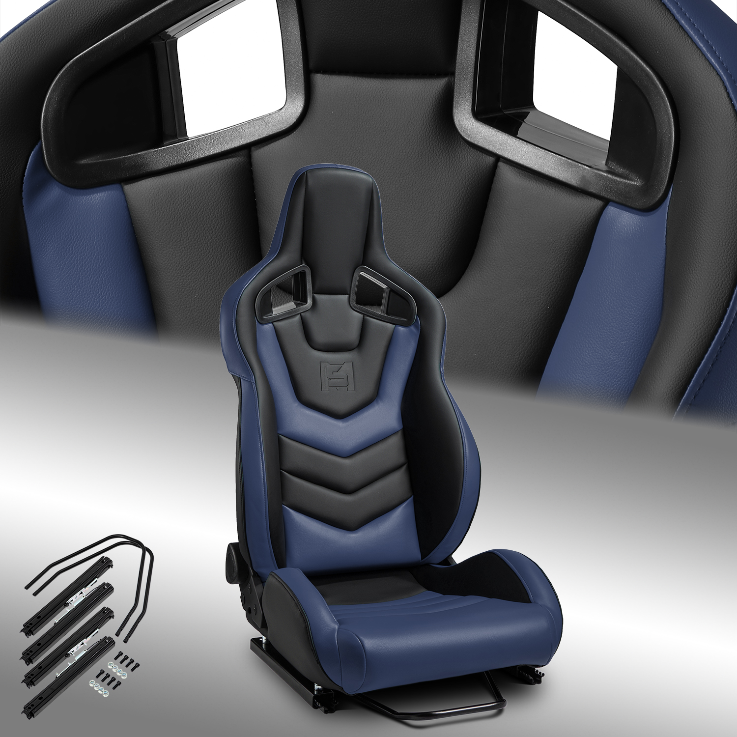 1PC Reclinable EVO-Series PVC Racing Seats Black-Blue Car Seat w/Sliders