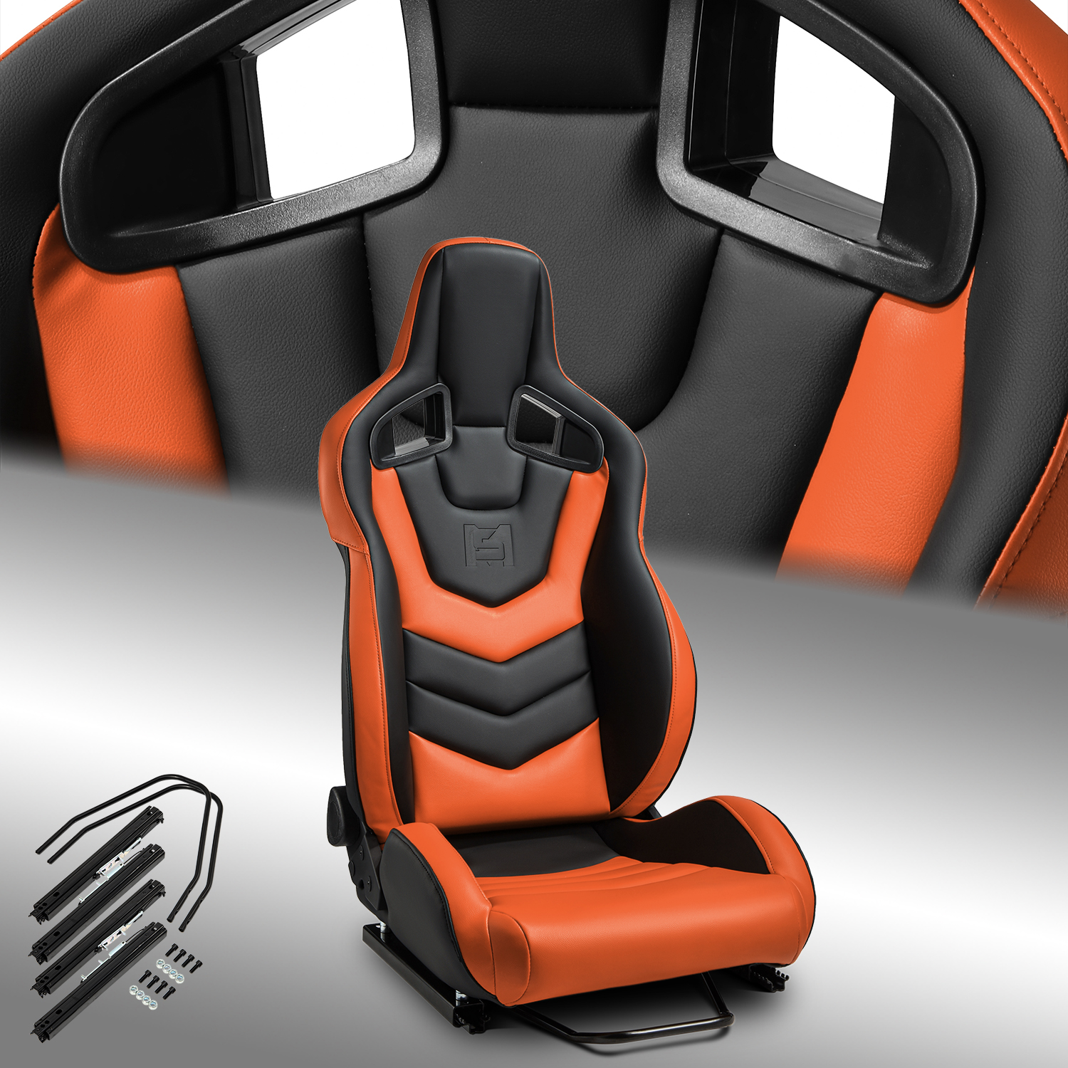 1PC Reclinable EVO-Series PVC Racing Seats Black-Orange Car Seat w/Sliders