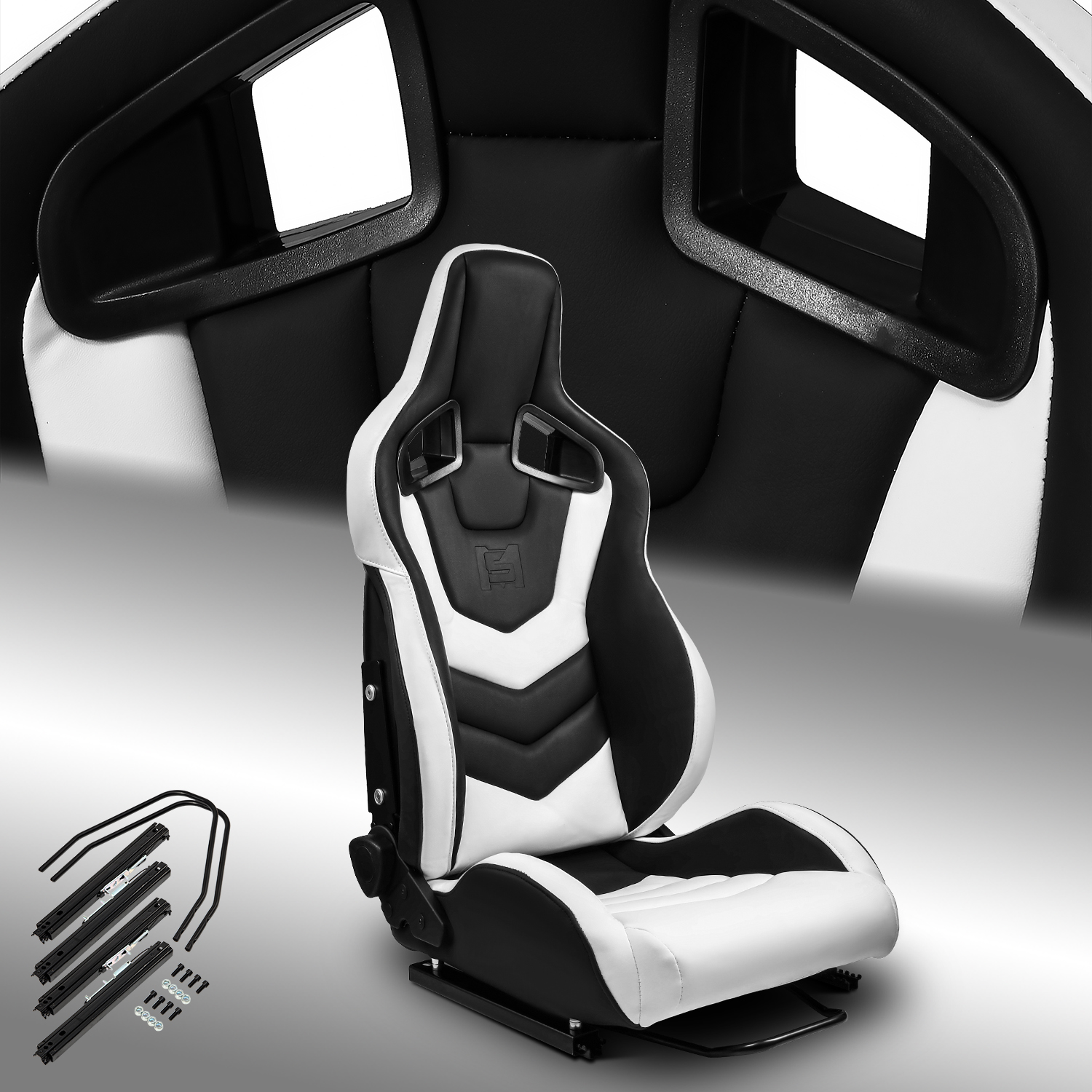 1PC Reclinable EVO-Series PVC Racing Seats Black-White Car Seat w/Sliders