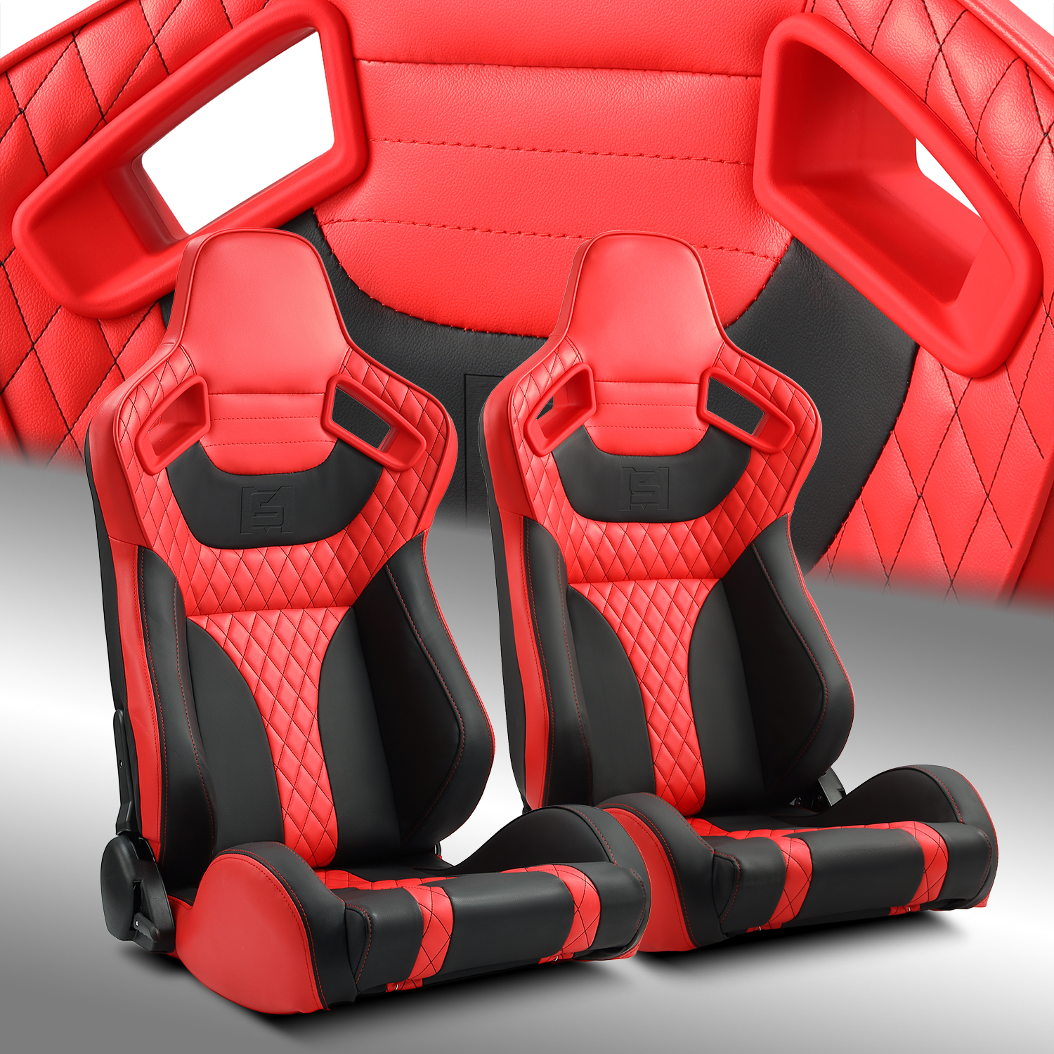 Red + Black Side PVC Leather Universal Reclinable Sport Racing Seats Pair