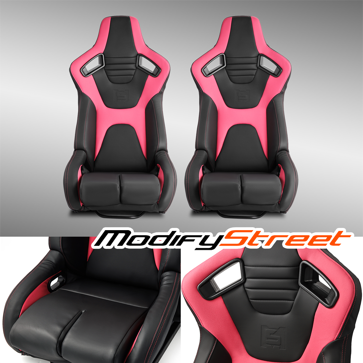 [Venom Series]Black+Pink PVC Reclinable Racing Seats Pair W/Slider Left/Right