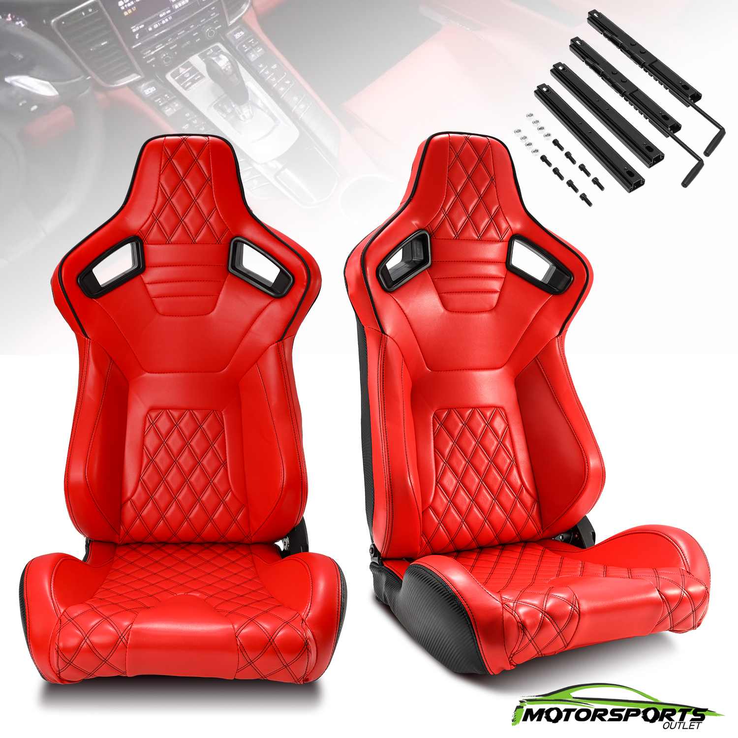 Red Leather Rear Black Carbon Fiber Sport Racing Bucket Seats Sliders Left&Right eBay