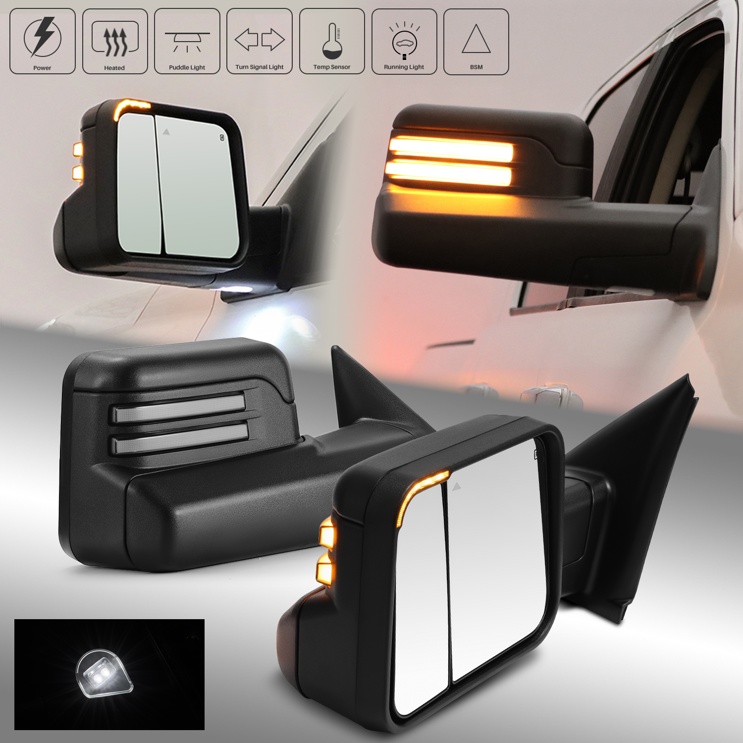 Fit 19-23 Dodge Ram Power Heated Turn Signal w/Temp Sensor Towing Mirrors Pair