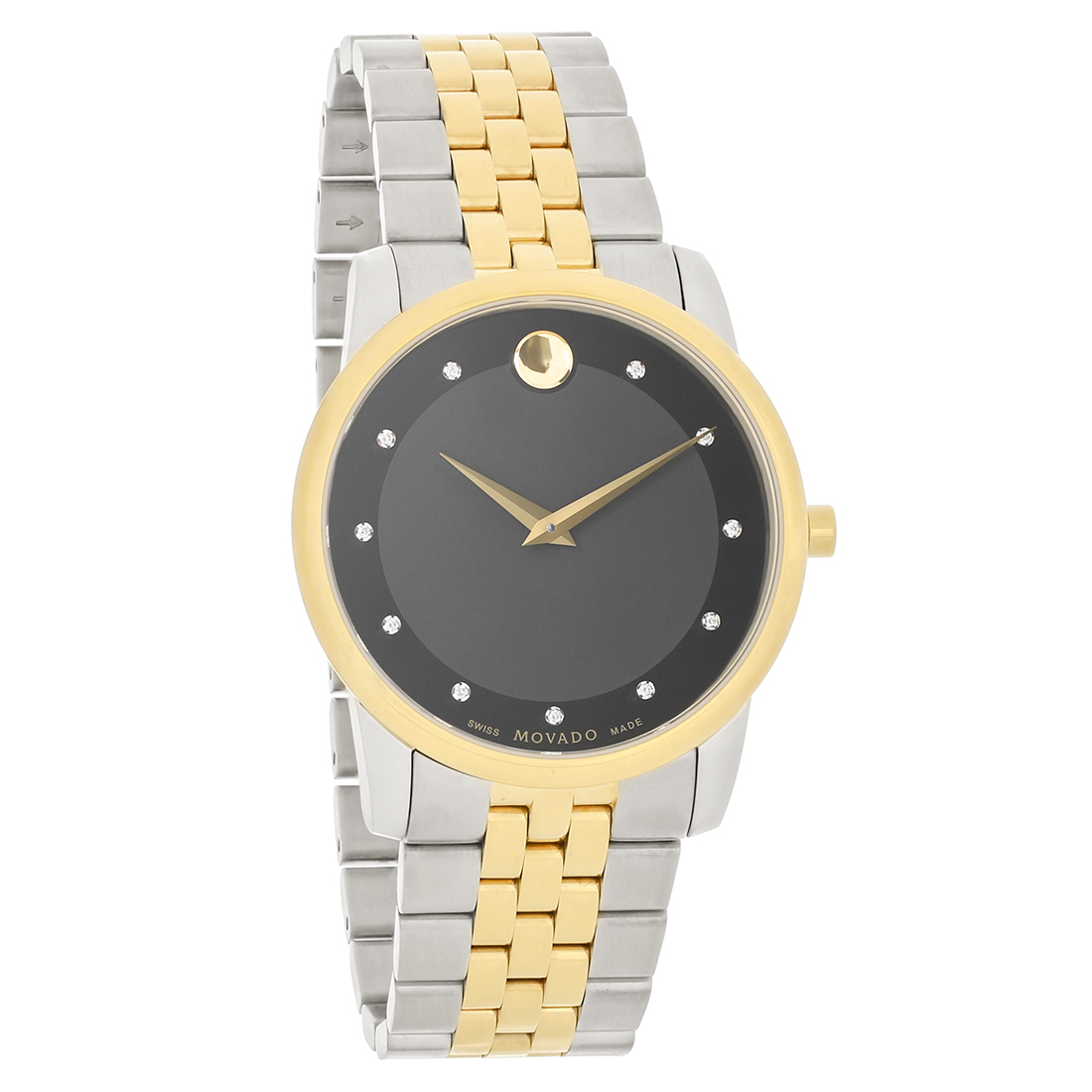 Movado Museum Mens Crystal Black Dial Two Tone Swiss Quartz Watch